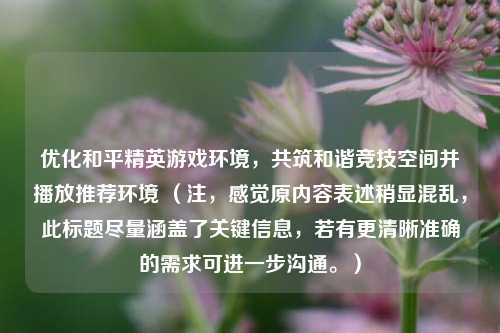 优化和平精英游戏环境，共筑和谐竞技空间并播放推荐环境 （注，感觉原内容表述稍显混乱，此标题尽量涵盖了关键信息，若有更清晰准确的需求可进一步沟通。）