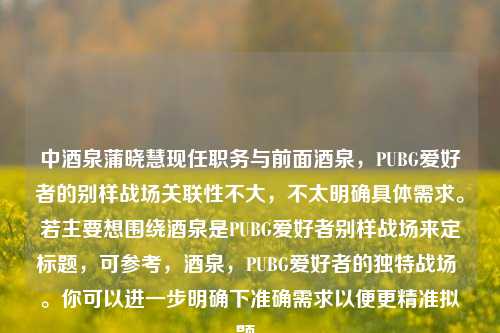 中酒泉蒲晓慧现任职务与前面酒泉，PUBG爱好者的别样战场关联性不大，不太明确具体需求。若主要想围绕酒泉是PUBG爱好者别样战场来定标题，可参考，酒泉，PUBG爱好者的独特战场 。你可以进一步明确下准确需求以便更精准拟题。