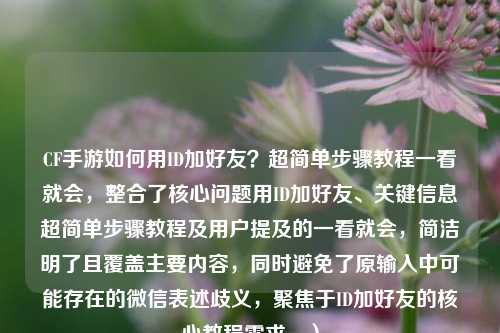 CF手游如何用ID加好友?超简单步骤教程一看就会,整合了核心问题用ID加好友、关键信息超简单步骤教程及用户提及的一看就会,简洁明了且覆盖主要内容,同时避免了原输入中可能存在的微信表述歧义,聚焦于ID加好友的核心教程需求。)